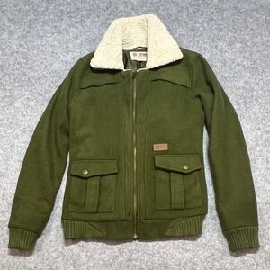 Volcom Scout Stealth Bomber Jacket Olive Green Sherpa Collar Wool Blend Women M